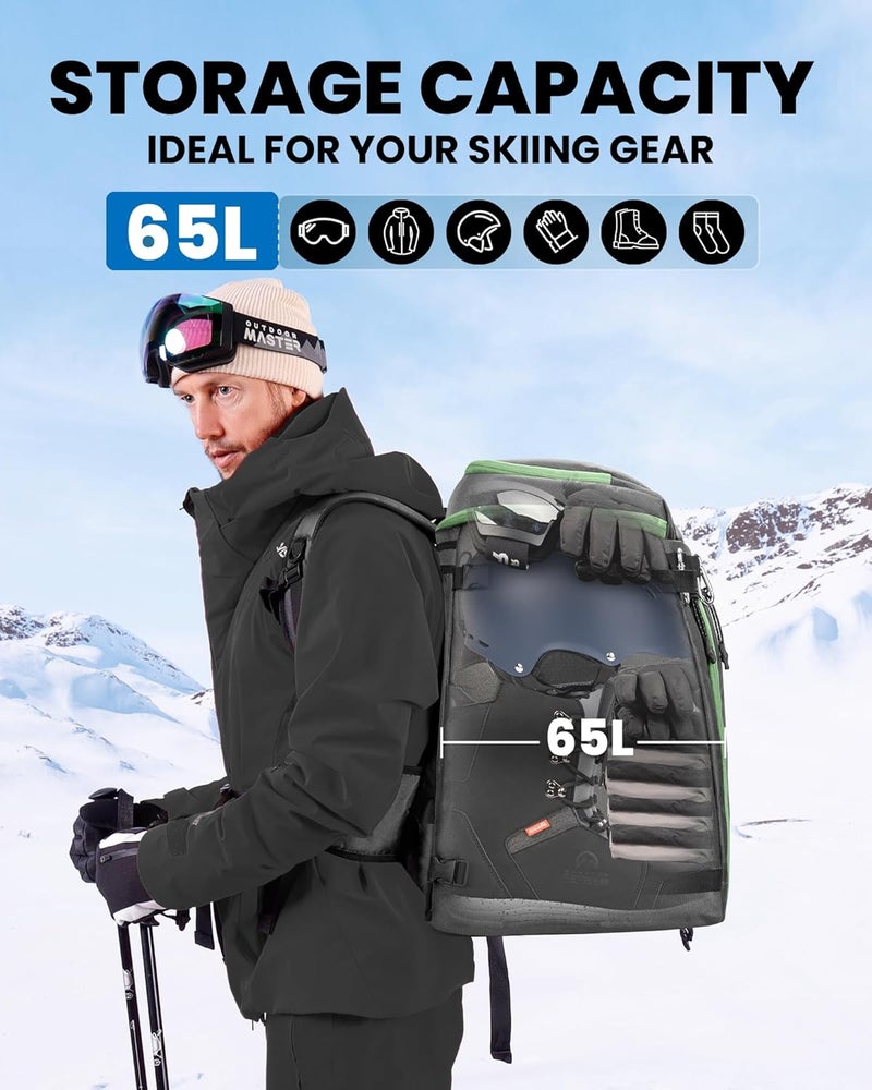 OutdoorMaster Ski Boot Bag, 65L Snowboard Boots Travel Backpack for Helmet, Ski Shoes, Goggles, Gloves and Accessories, Waterproof Exterior & Bottom - Image 3